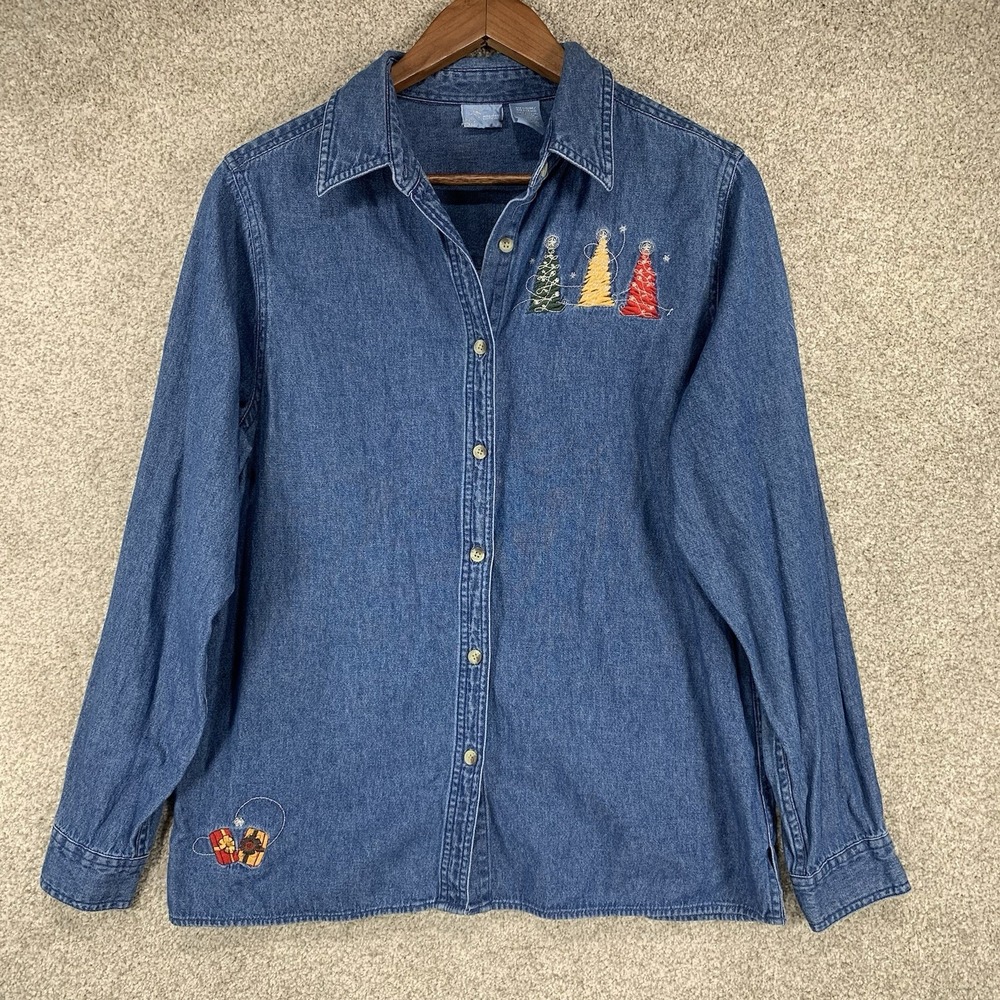 Holiday Editions Christmas Tree Shirt M Long Sleeve Denim Embroidered Grannycore